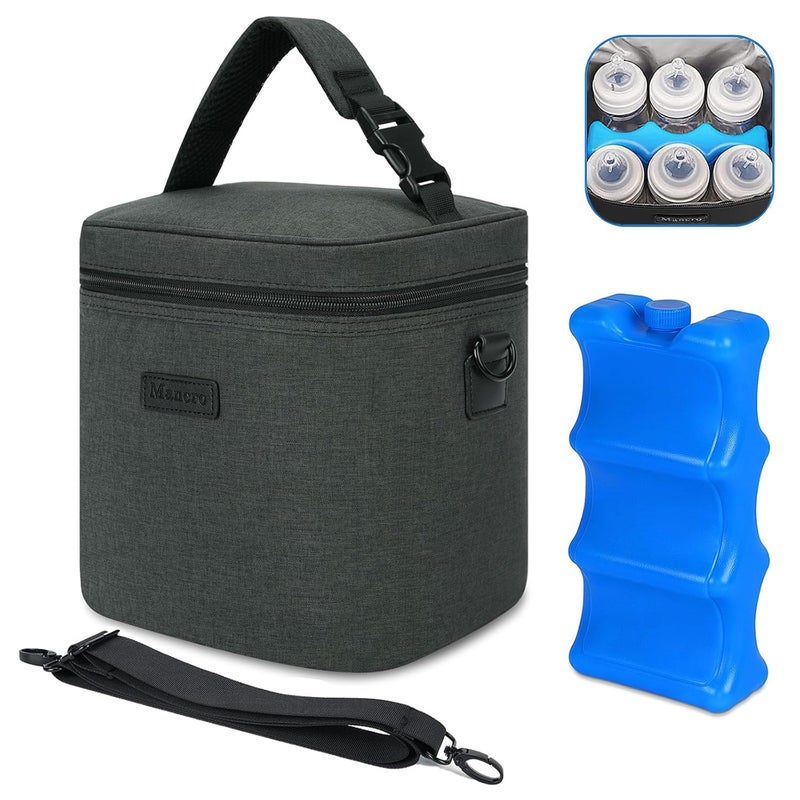 Mancro Breastmilk Cooler Bag with Ice Pack, Insulated Bottle Bag for 6 Baby Bottles (Up to 9 Ounce) with Shoulder Strap for Nursing Moms on The Go or Daycare, Dark Grey - Image 1